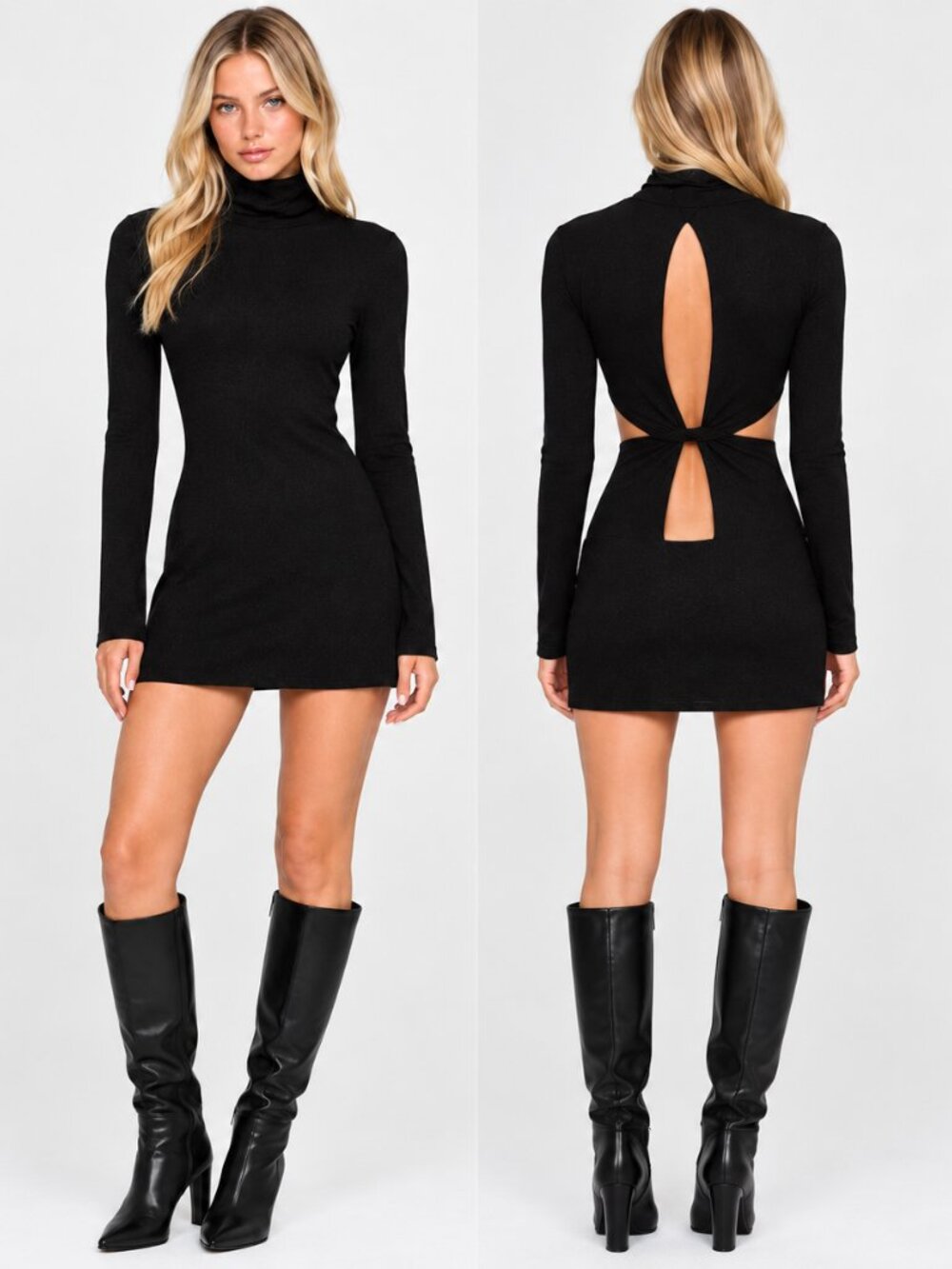 GUESS Cut Out High Neck Mini Dress Long Sleeve Y2K Edgy Club Goth LBD XS Black